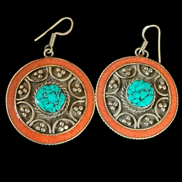 Nepalese Coral and Turquoise Boho Earrings - Picture 3 of 13